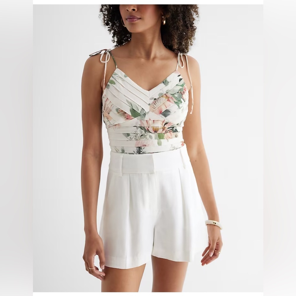 Express - Floral Pleated Linen-Blend Tie Strap Cami